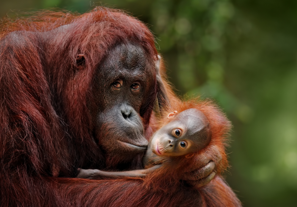 Rainforest, mother orangutan cradling baby, close-up composition, soft daylight, editorial travel photo, two people.