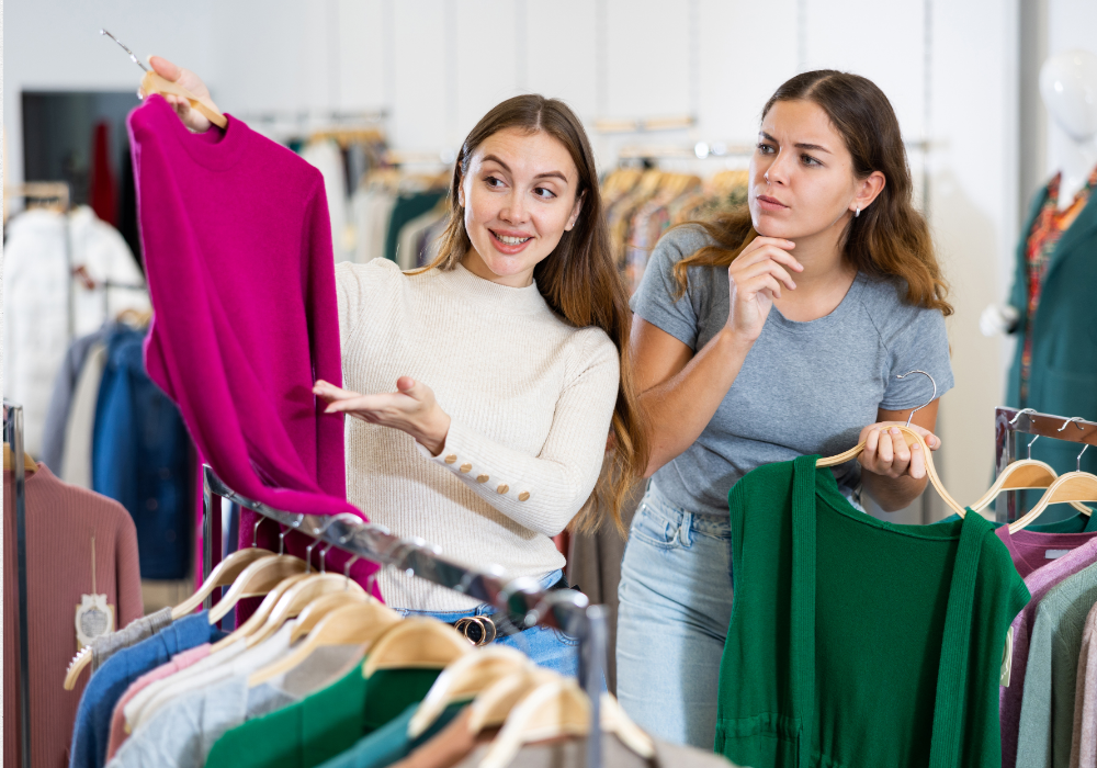 Clothing store, colorful rack, woman examines magenta sweater, natural light, editorial travel photo, two women shopping.