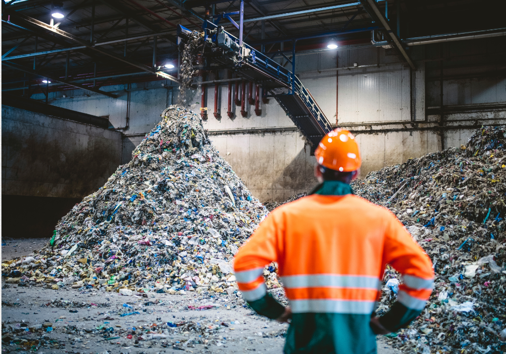 Industrial recycling facility, worker in orange safety gear foreground, wide angle shot, bright indoor light, documentary style, one person.