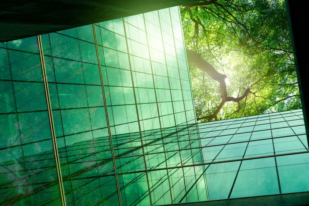 City skyscrapers, glass facades reflecting green trees, upward angle shot, midday sun, editorial travel photo, no people.