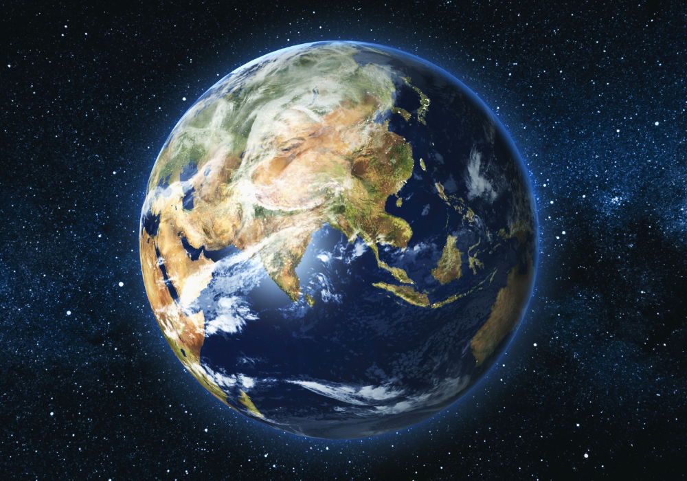 Asia from space, landmass focus, Earth centered full view, deep black with stars, documentary style image, no people.