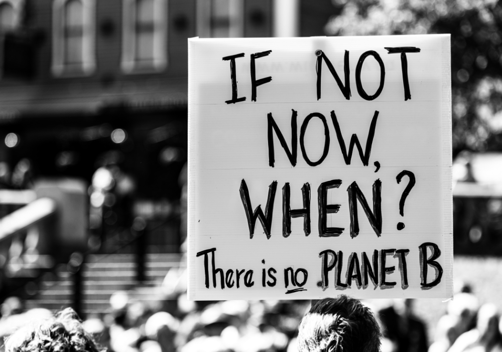 Outdoor rally, protester with climate sign foreground, city background, daytime overcast, documentary style, people visible.