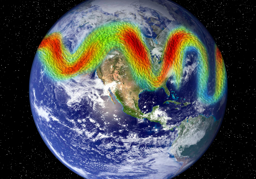 Earth from space, jet stream in vivid colors, swirling over North America, daylight, documentary style, no people.